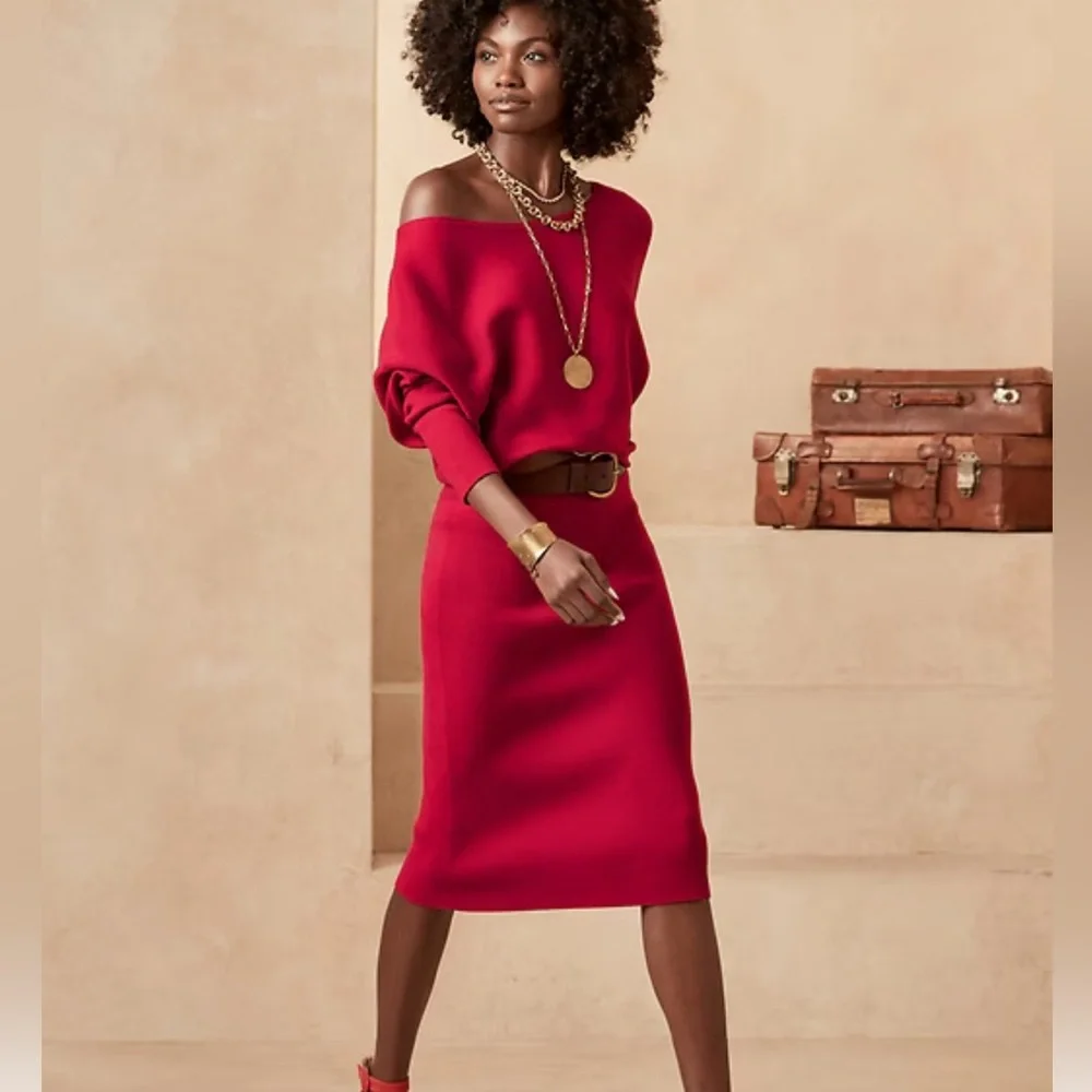 Banana Republic Off The Shoulder Red Sweater Dress Size Large - Picture 1 of 7